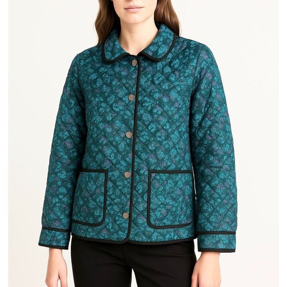 Carlisle Collection Blue Floral Snap Front Collared Silk Quilted Jacket Size 12 - Picture 1 of 9